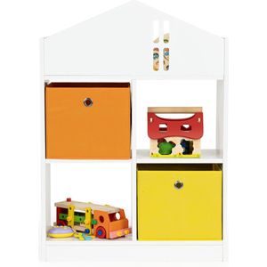 Ecotoys boekenkast met 2 mandjes - speelgoedkast 6 vakken - kinderkast wit / oranje / geel - 65.2 x 27 x 90.5 cm - vorm van een huis