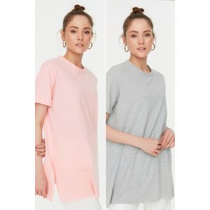 Trendyol Vrouwen Standaard mouw Basis Grijs-roze Basic gebreid T-shirt met ronde hals, 2 stuks, split en gedetailkunstleerde ronde hals en korte mouwen TCTSS21UK0009