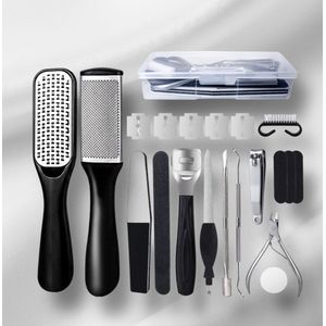 Voetvijl, 20 in 1, pedicureset, roestvrij staal, eeltschaaf, eeltverwijdering, voetverzorgingsset, professionele eeltverwijderingsset, voetverzorgingsset voor dames, heren, salon of thuis