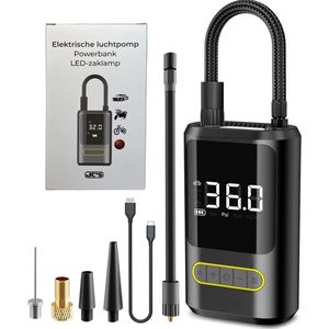 JC's® Elektrische bandenpomp – Elektrische fietspomp - POWERBANK - Scooter/Motor/Auto/Fiets - Autobanden Pomp - Luchtpomp – Bandenpomp - 4200 mAh – Tot wel 10.3 Bar – USB Oplaadbaar – Inclusief 4 Opzetstukken