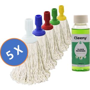 5 x Professionele Dweilmop / Mini Mop / Spaanse Mop 250 gram Katoen Met Standaard Steelverbinding & Gratis Cleeny Vloerreiniger