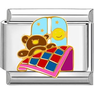 Quiges - Schakel - Bedel - 9mm - charms - Teddybeer - met - ster-smiley - Geschikt voor - Nomination- armband - Schakelarmband - italy bedels armband