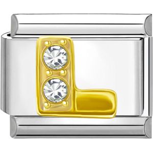 Quiges - Schakel - Bedel - 9mm - charms - Goud - Zirkonia - alfabet - letter L - Geschikt voor - Nomination- armband - Schakelarmband - italy bedels armband