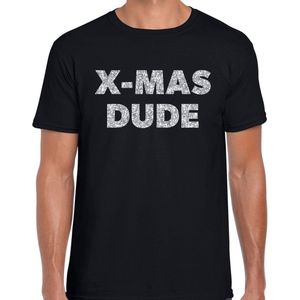 Foute Kerst t-shirt - X-mas dude - zilveren glitter letters / zwart voor heren - kerstkleding / Christmas outfit M