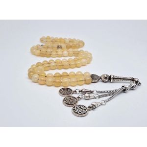 Handgemaakte tesbih ""Tasbih"" natuursteen "" Calciet geel "" - Aantal kralen 99 - Diameter kralen 8MM - met metaal tassel ""Qul aeuidh biallah"" - Een mooi cadeau-idee