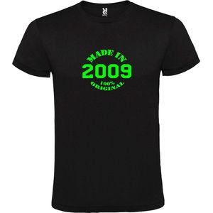 Zwart T-Shirt met “Made in 2009 / 100% Original “ Afbeelding Neon Groen Size XXL