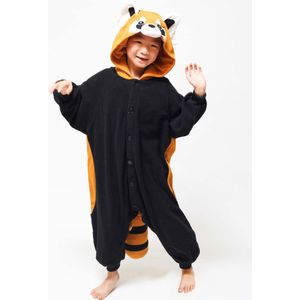 KIMU Onesie Rode Panda Wasbeer Pak - Maat 140-146 - Wasbeerpak Kostuum Bruin - Kinder Huispak Pyjama Jongen Meisje Overall Fleece Raccoon Festival