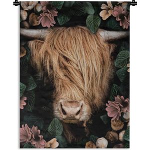 Wandkleed Botanische Schotse Hooglander - Botanische Schotse hooglander met bloemen Wandkleed katoen 120x160 cm - Wandtapijt met foto XXL / Groot formaat!