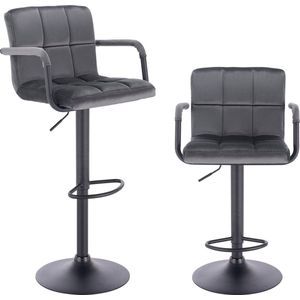 Kamyra® Set van 2 Velvet Barkrukken - met Rugleuning, In Hoogte Verstelbaar & Armleuning - Barkruk, Keukenkruk - Grijs