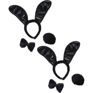 2x stuks zwart bunny verkleed setje 3-delig voor dames - konijnen oortjes/staart en strikje