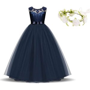 Communie jurk Bruidsmeisjes jurk bruidsjurk donker blauw 134-140 (140) prinsessen jurk feestjurk meisje + bloemenkrans