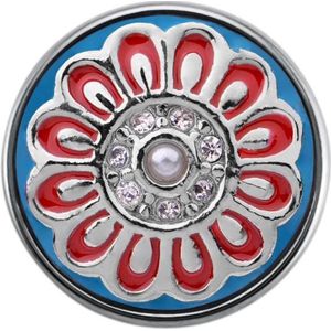 Quiges - Dames Click Button Drukknoop 18mm Bloem Blauw met Rood en Faux Parel - EBCM280