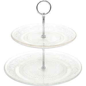 Twee verdiepingen glazen etagère in zilveren patroon - afmetingen: H/Ø ca. 25 x 25 cm