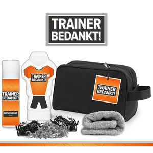 Geschenkset ""Trainer bedankt!"" - 4 producten - 500 gram | Toilettas - Cadeau - Man - Toernooi - Voetbal - Volleybal - Hockey - Handbal - Basketbal - Korfbal - Trefbal - Waterpolo - Rugby - Sport - Wedstrijd - Showergel - Giftset - Coach - Oranje