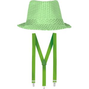 Toppers - Carnaval verkleed set - hoedje en bretels - fluor groen - dames/heren - Sint Patricksday