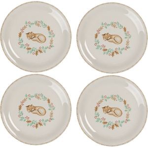 HAES DECO - Ontbijtborden set van 4 - Formaat Ø 20x2 cm - kleuren Beige - Bedrukt Keramiek - Collectie: Fox - Servies, kleine borden