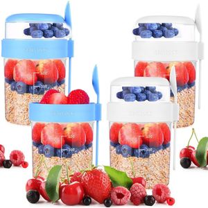 4 stuks yoghurtbekers To Go, moslibeker To Go met lepel, 2-in-1 mueslibeker (560 + 260 + 36 ml), mueslibeker voor vriezer en vaatwasser (blauw + wit)