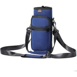 Water Bottle Carrier Bag with Adjustable Shoulder Hand Strap - 2 Pocket Sling Neoprene Sleeve for Sports - Men Women Kids - Hiking Travelling Camping - Dark Blue