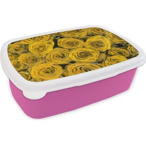 Broodtrommel Roze - Lunchbox - Brooddoos - Rozen - Geel - Boeket - 18x12x6 cm - Kinderen - Meisje