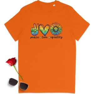 Gay Pride t shirt - Pride tshirt - Peace Love Equality - Dames tshirt met print - Heren t shirt met Pride opdruk - Unisex Pride Shirt - Unisex maten: S M L XL XXL XXXL - tshirt kleuren: Wit,  geel, oranje, roze en rood.