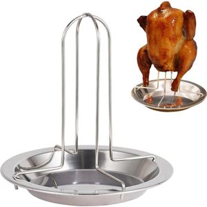 Kippenbraden van staal, kippenhouder, bierblikje, kippengrill, verticale kippenstandaard, grill, kippenbraden met lekbak, voor oven, grill, camping, buiten, kookgerei