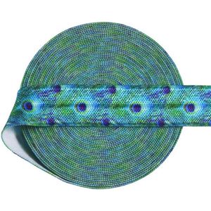 Elastisch biaisband - Pauw print blauw - 15 mm - 5 meter - elastiek - afwerkingsband kleding - Biesband