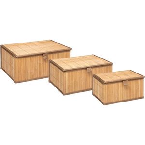 Set van 3x bamboe opbergdozen met deksel rechthoek bruin - Kast-/badkamer mandjes verschillende formaten