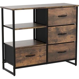 Ladekast industrieel HBD: 71.5 x 84 x 32.5 cm stof metaal houtlook 4 lades dressoir bruin/zwart - Modern design, opbergmeubel