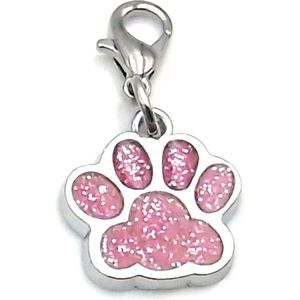 Klikhanger sleutelhanger hanger hondenpootje roze met glitter voor ketting of halsband