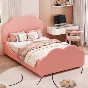 Gestoffeerd kinderbed 90 x 200 cm hoge reling kinderbedframe met wolkvormig hoofd- en voetbord. Eenpersoonsbed in huidvriendelijk roze fluweel