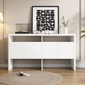 Pugsdrly Commode / dressoir / halmeubel met 2 open vakken en 4 deuren, wit, afmetingen: 140 x 75 x 35 cm (L x H x D)