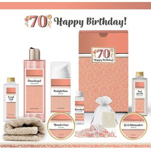 Geschenkset “70 Jaar, Happy Birthday!” - 9 producten - 790 gram | Luxe Cadeaubox voor haar - Wellness Pakket Vrouw - Giftset Vriendin - Moeder - Cadeaupakket oma - Cadeau Zus - Verjaardag - Gefeliciteerd Cadeau - Goud - Zalmroze