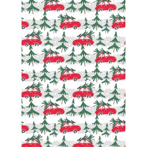 Inpakpapier Kerst papier Xmas Cars Red- Breedte 60 cm - 200m lang