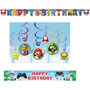 Amscan – Super Mario – Versierpakket – Letterslinger – Plafond decoratie – Banner – Versiering - Kinderfeest.