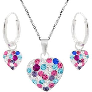 Cadeau tip meisje | Sieraden set, zilveren ketting en oorringen hart met kristallen