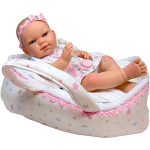 Nines d Onil Babypop Blank Meisje met Reiswieg Sterren 37 cm