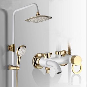 Badkamer Douche Set Kop Kraan Wit Goud Messing Bad Mengkraan Muur Bevestiging Hand Douchekop Bad Uitloop Douche Sets koud en warm