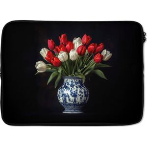 Laptophoes 13 inch - Rode - Bloemen - Tulpen - Vaas - Laptop sleeve - Binnenmaat 32x22,5 cm - Zwarte achterkant