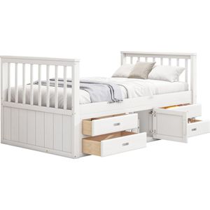 Merax Eenpersoonsbed 90x200 - Bed met Opbergruimte - Kinderbed met Lades - Wit