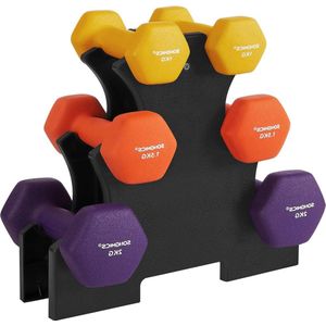 Dumbbells Halterset met houder - 3 paar - 2 x 1 kg - 2 x 15 kg - 2 x 2 kg - antislip - vinyl oppervlak - thuistraining - krachttraining