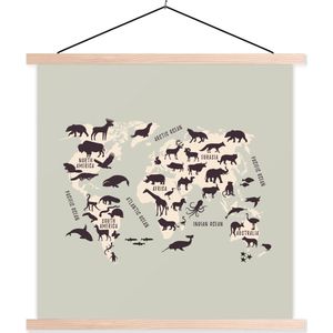 Textielposter - Wereldkaart Kinderen - Dieren - Beige - 120x120 cm - Schoolplaat - Textiel poster