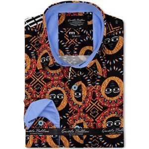 Heren Overhemd - Slim Fit - African Motif Satijn - Zwart - Maat XL