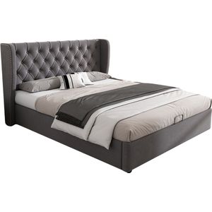 Merax Gestoffeerd Bed in Oorvorm - Velours - Tweepersoonsbed 140 x 190 cm - Hydraulisch Opbergbed met Lattenbodem en Opbergruimte - Grijs