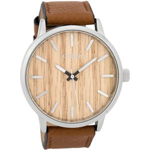 OOZOO Timepieces - Zilverkleurige horloge met cognac leren band - C9256