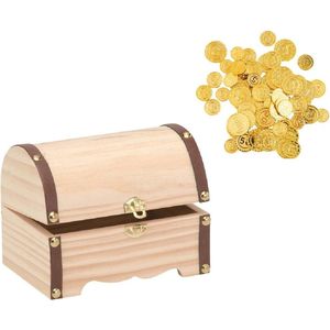 Houten piraten schatkist 18 x 13 cm met 100x plastic gouden piraten geld munten - Speelgoed/verkleed artikelen