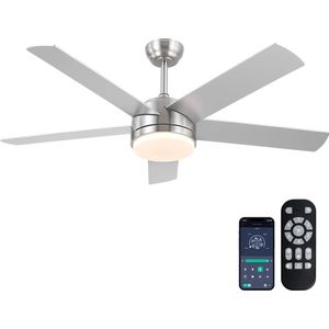 LuxiLamps - 5 Blad Plafondventilator - Moderne LED Ventilator - Smart Lamp - 6 Snelheden - Bedienbaar Met Afstandsbediening & APP - 132 cm - Zilver - Slimme Ventilator