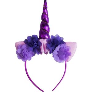 KIMU Eenhoorn Haarband Paars Bloemetjes - Unicorn Diadeem Met Oortjes - Paarse Hoorn Bloemen Paars Roze Festival