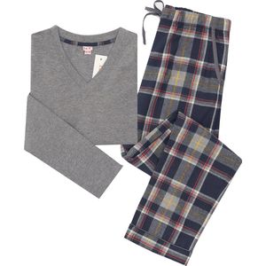 La-V pyjama set voor meisjes met geruite flanel broek - Grijs/ Donkerblauw 152-158