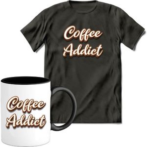 T-Shirtknaller T-Shirt met Koffiemok | Coffee Addict - Koffie Kleding | Heren / Dames Shirt met Mok Cadeau | Kleur grijs | Maat L