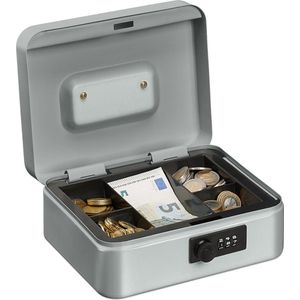 Relaxdays geldkistje met cijferslot - geldkluisje slot - kistje voor geld - geldcassette - zilver